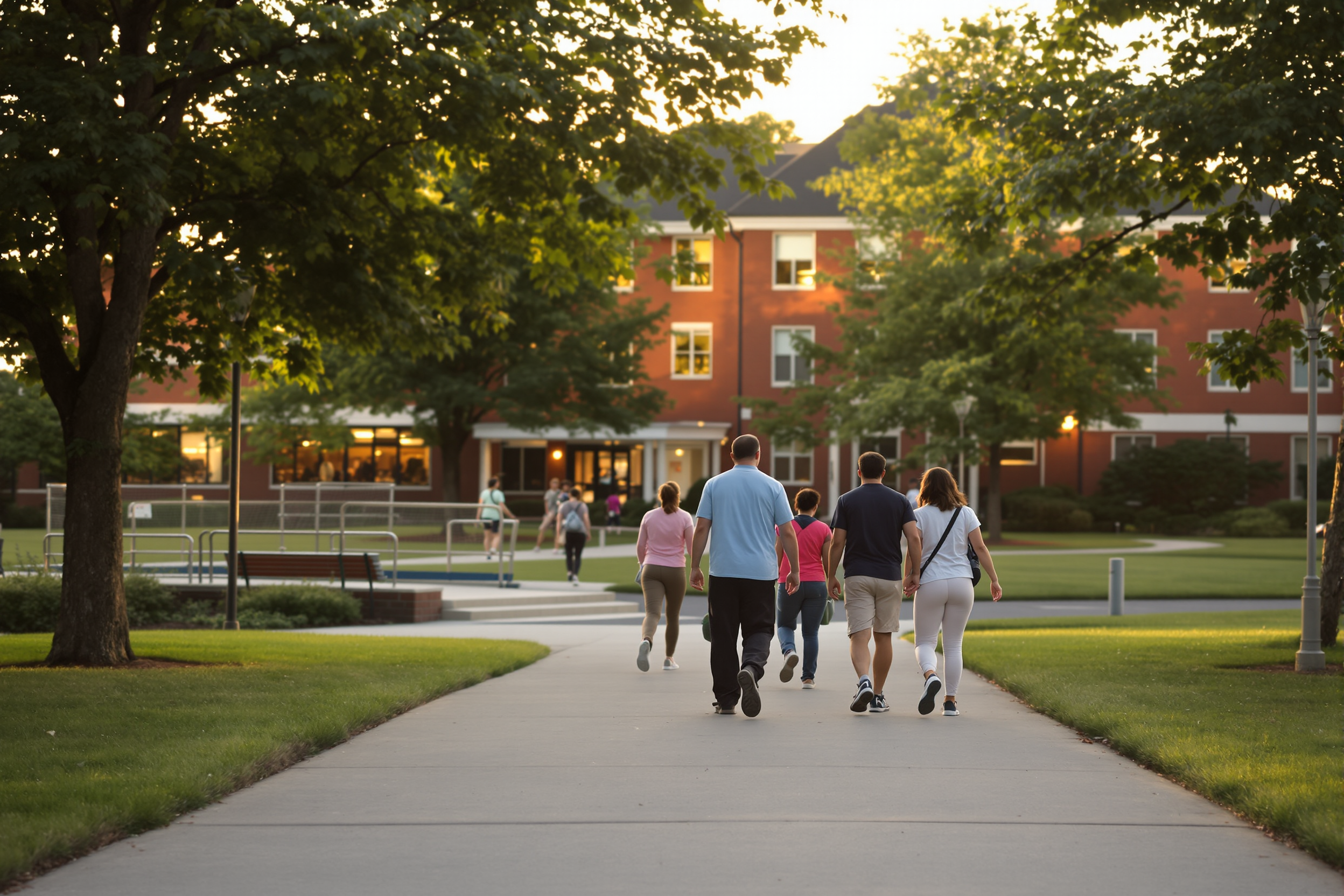 Families and students walking along a tree-lined school path in evening light