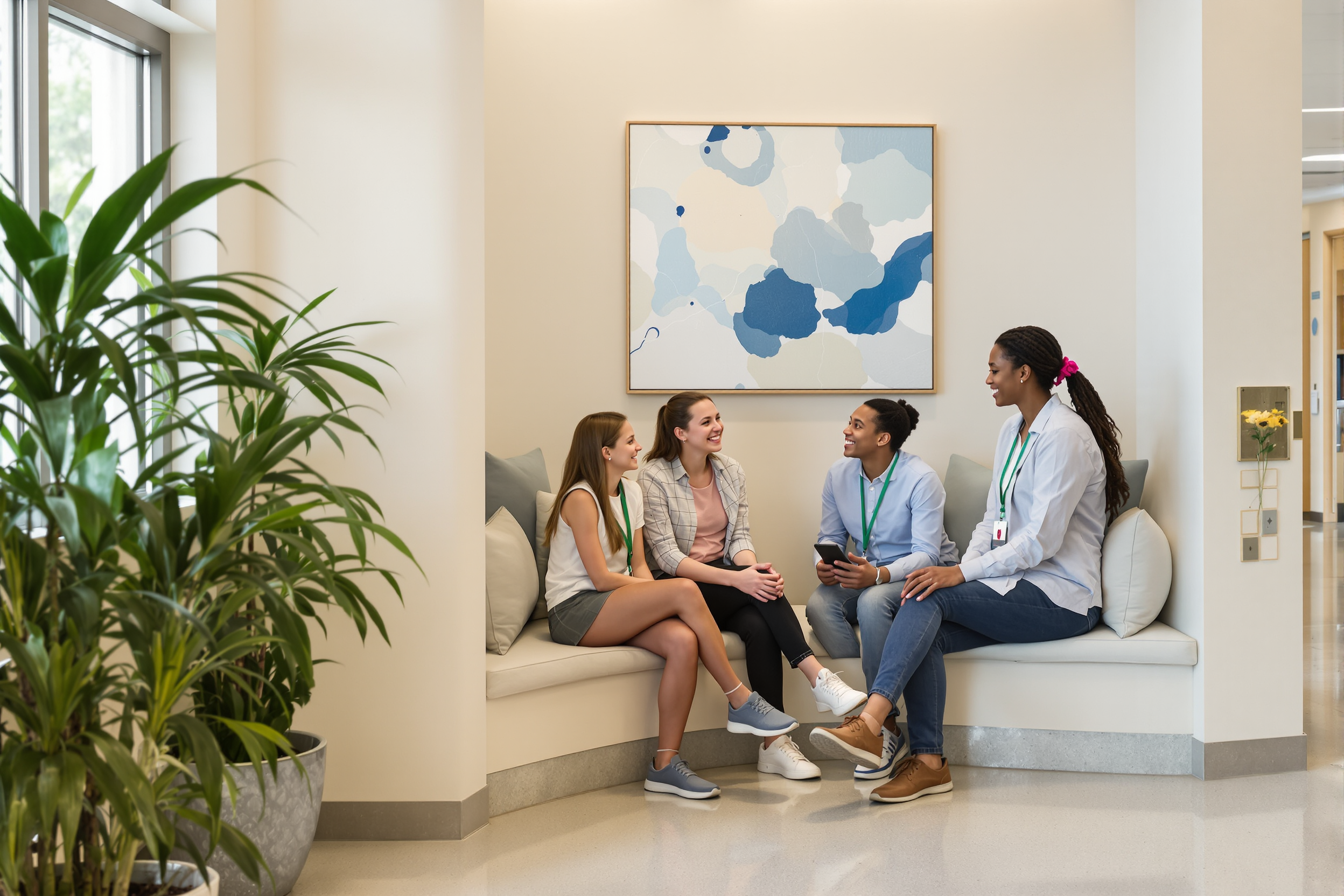 Students talking with a staff member on a bench in a bright school lounge