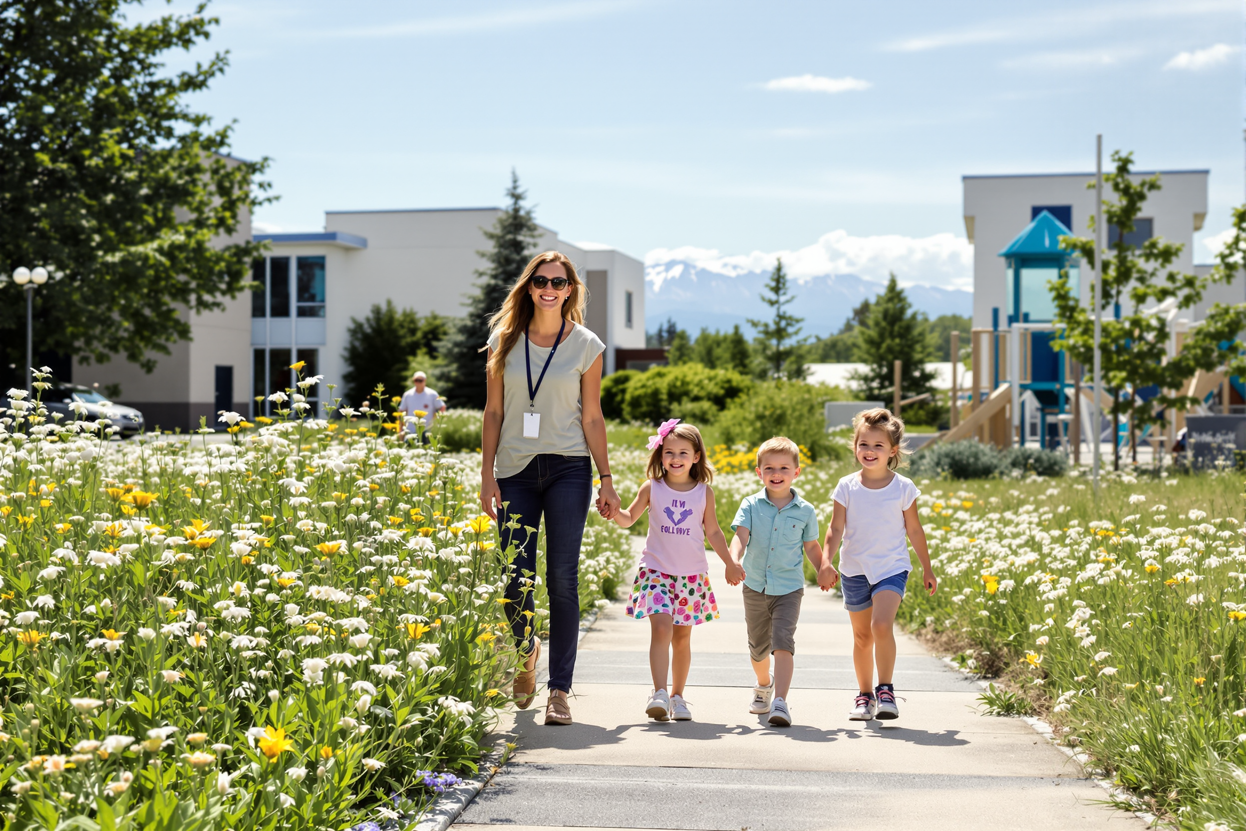 A teacher walking young students along a wildflower path at school
