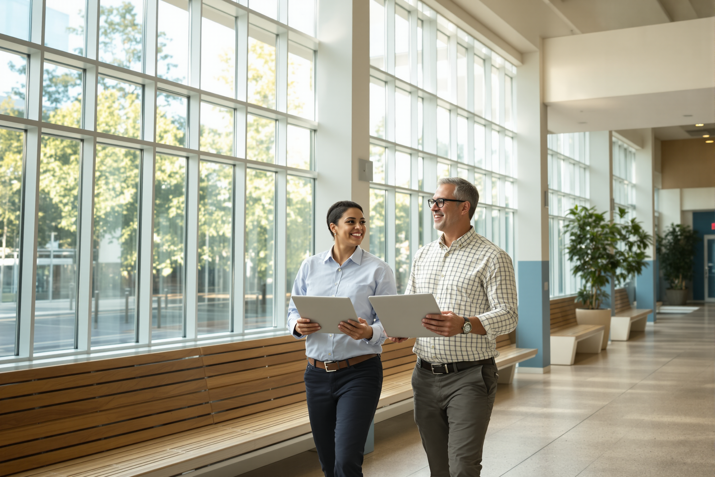 Two campus staff members with tablets walking down a bright university hallway