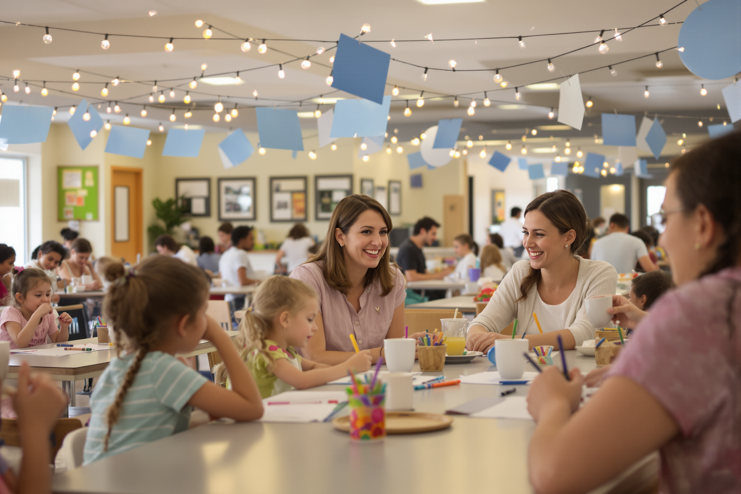 Parents and children doing crafts together at a school family night