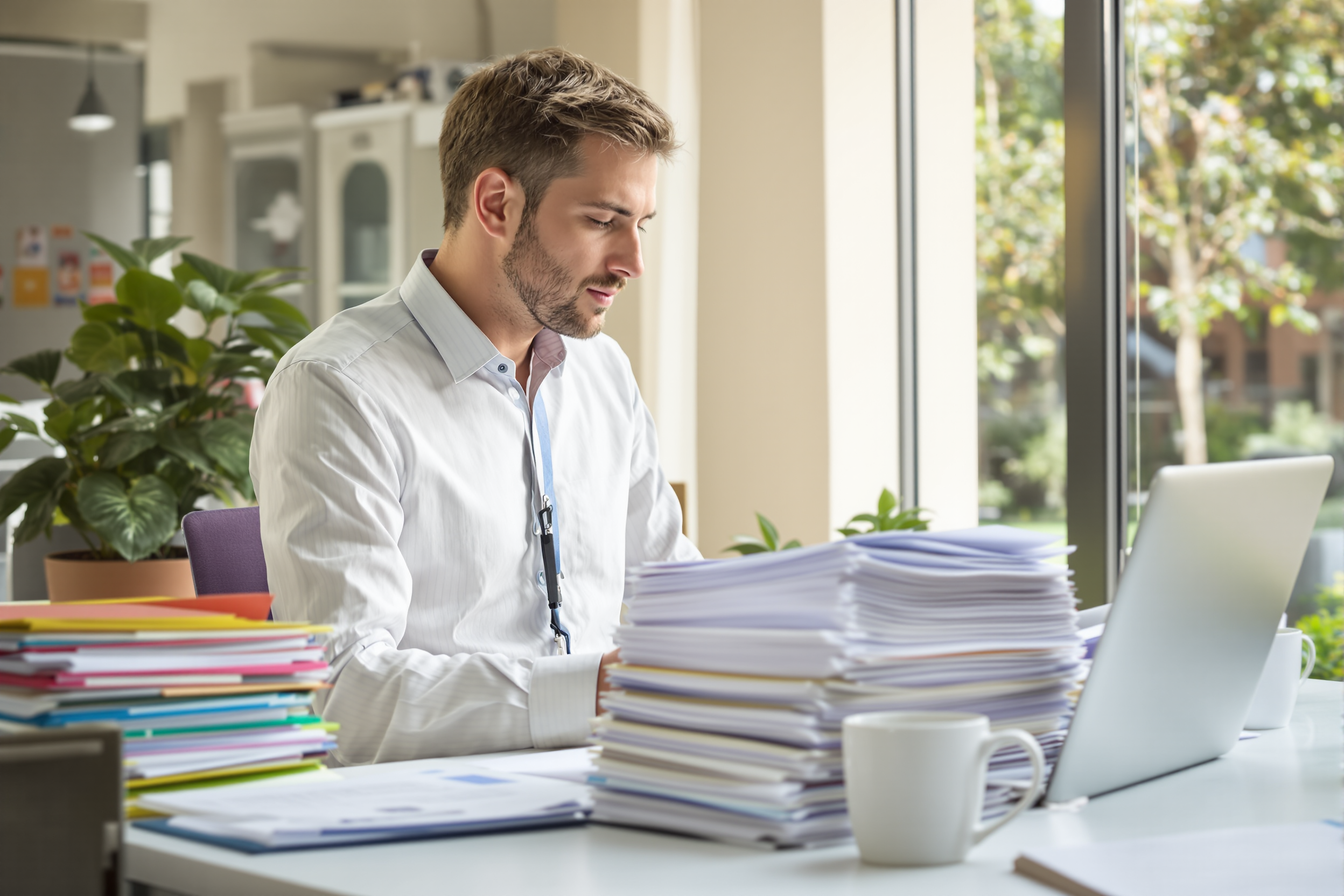 A staff member working through a stack of documents at a laptop in a bright office