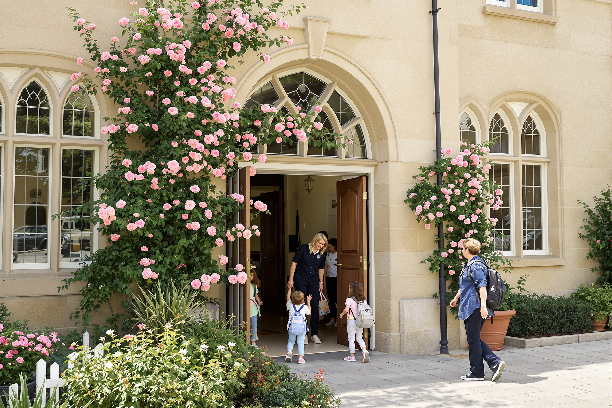 Children and a staff member at the arched, flower-framed entrance of a stone school
