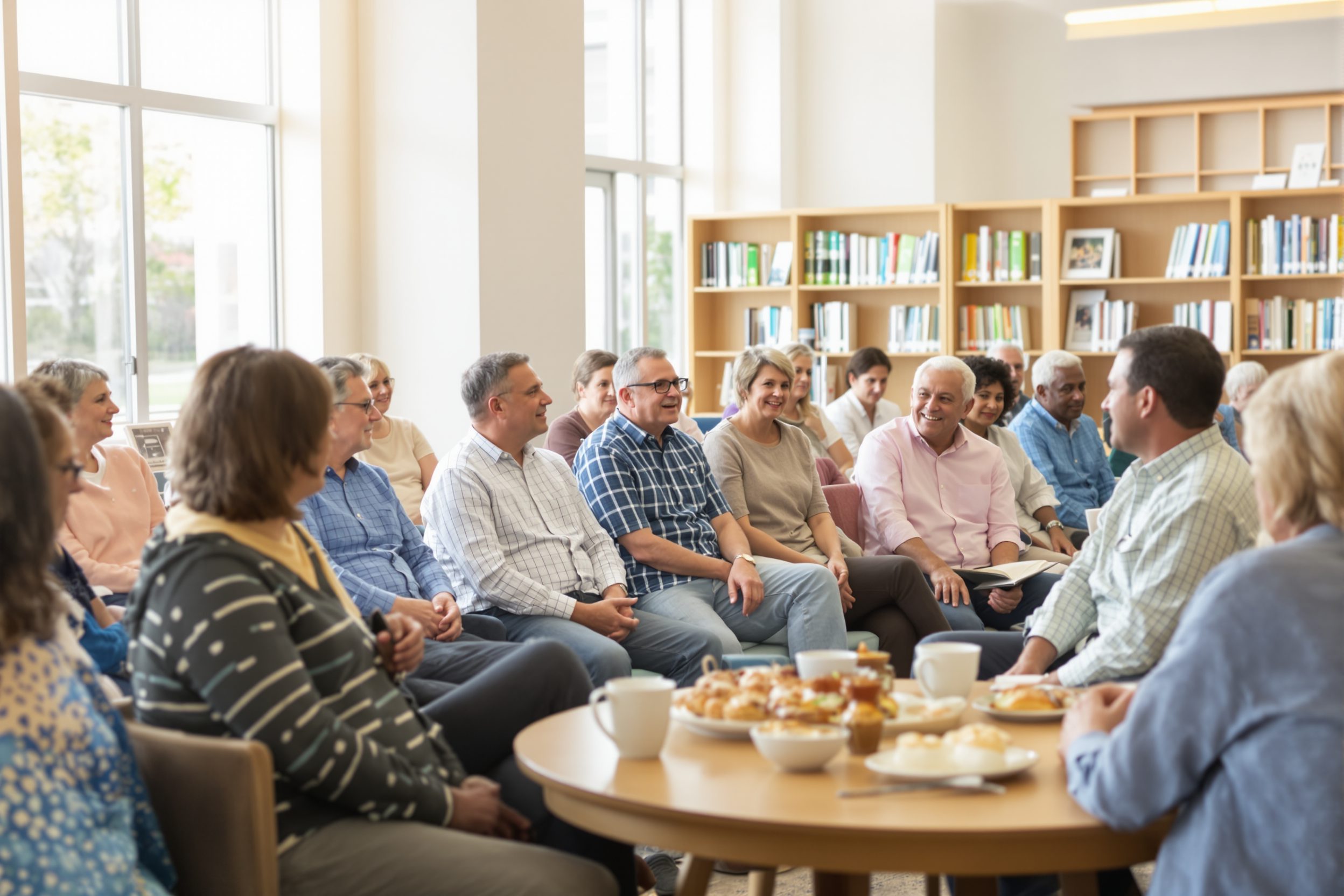 Community members talking together in a friendly library meeting room
