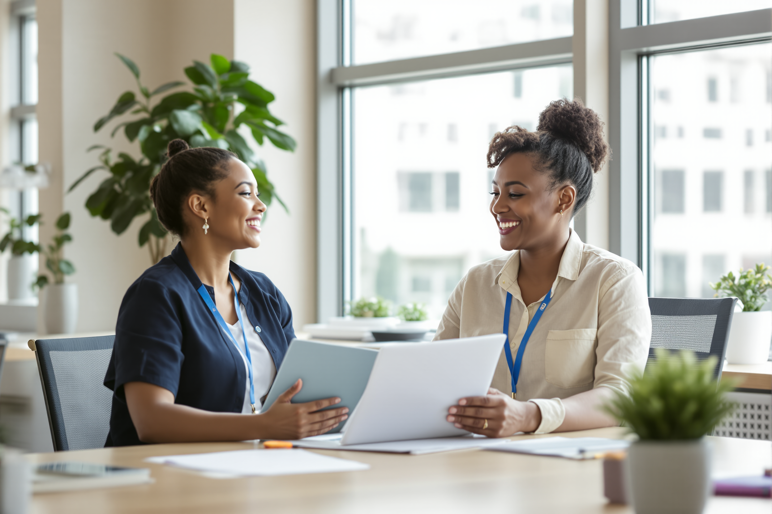 Two colleagues smiling as they review documents together at a bright office table