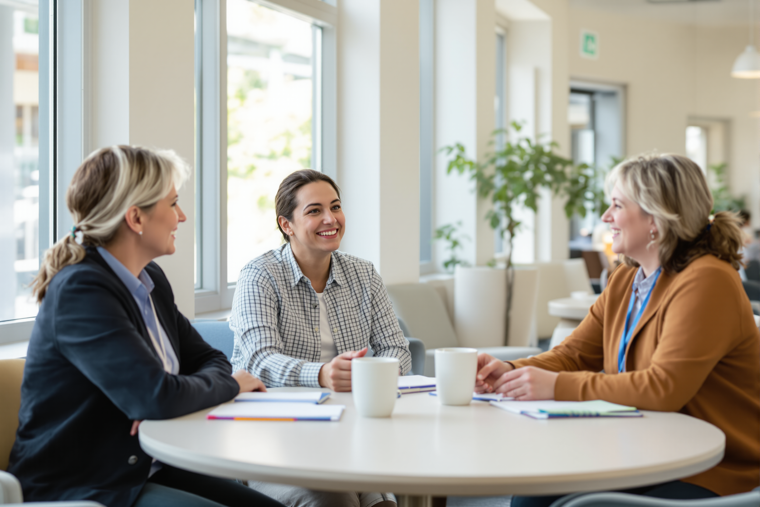 Three school staff members talking around a round table with coffee and notes