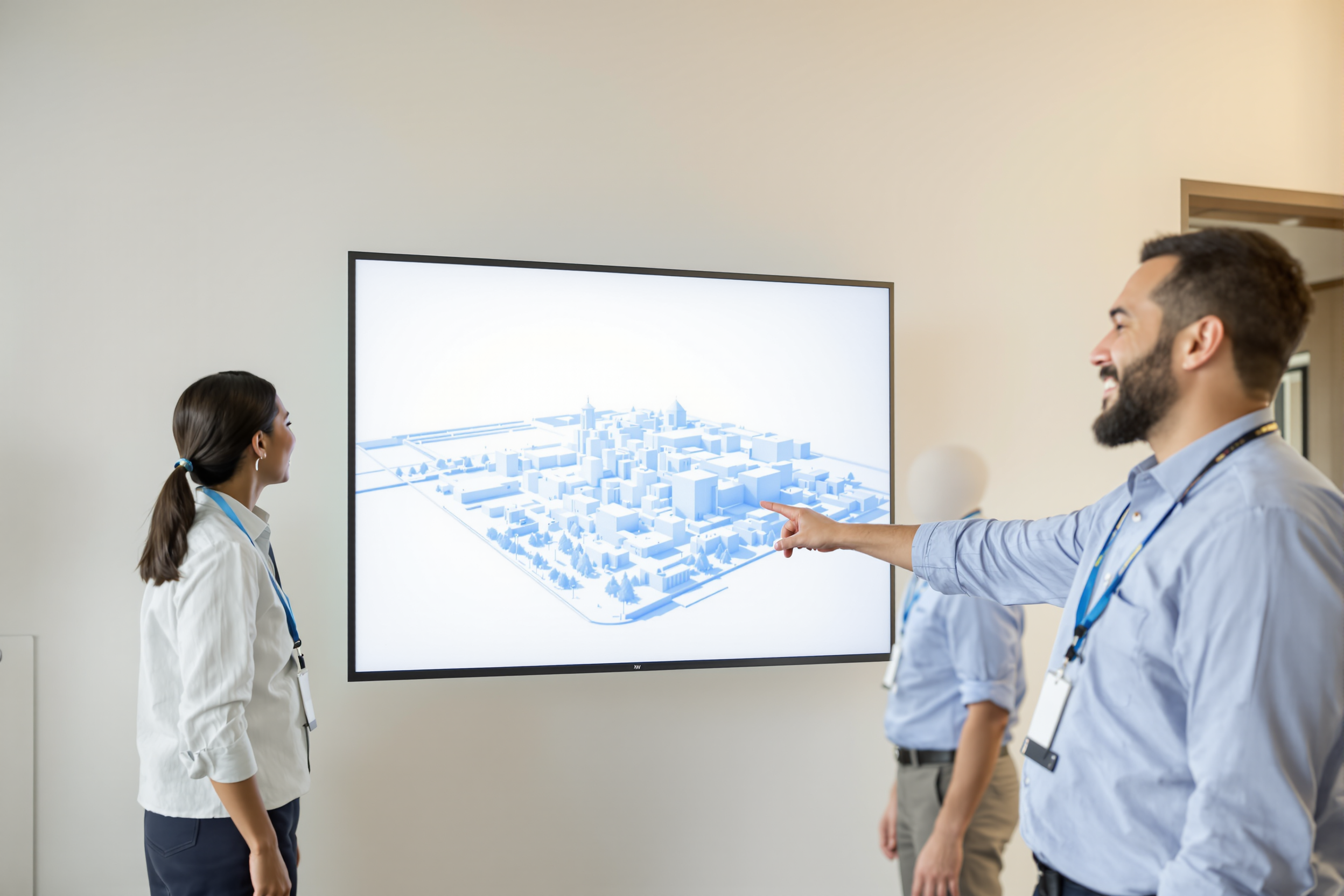 Two staff members looking at a 3D campus map on a wall display