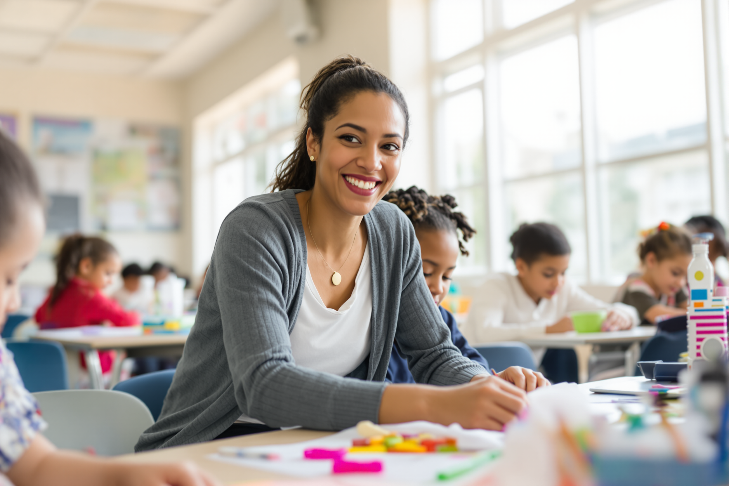 A smiling teacher at a craft table in a bright classroom with young students