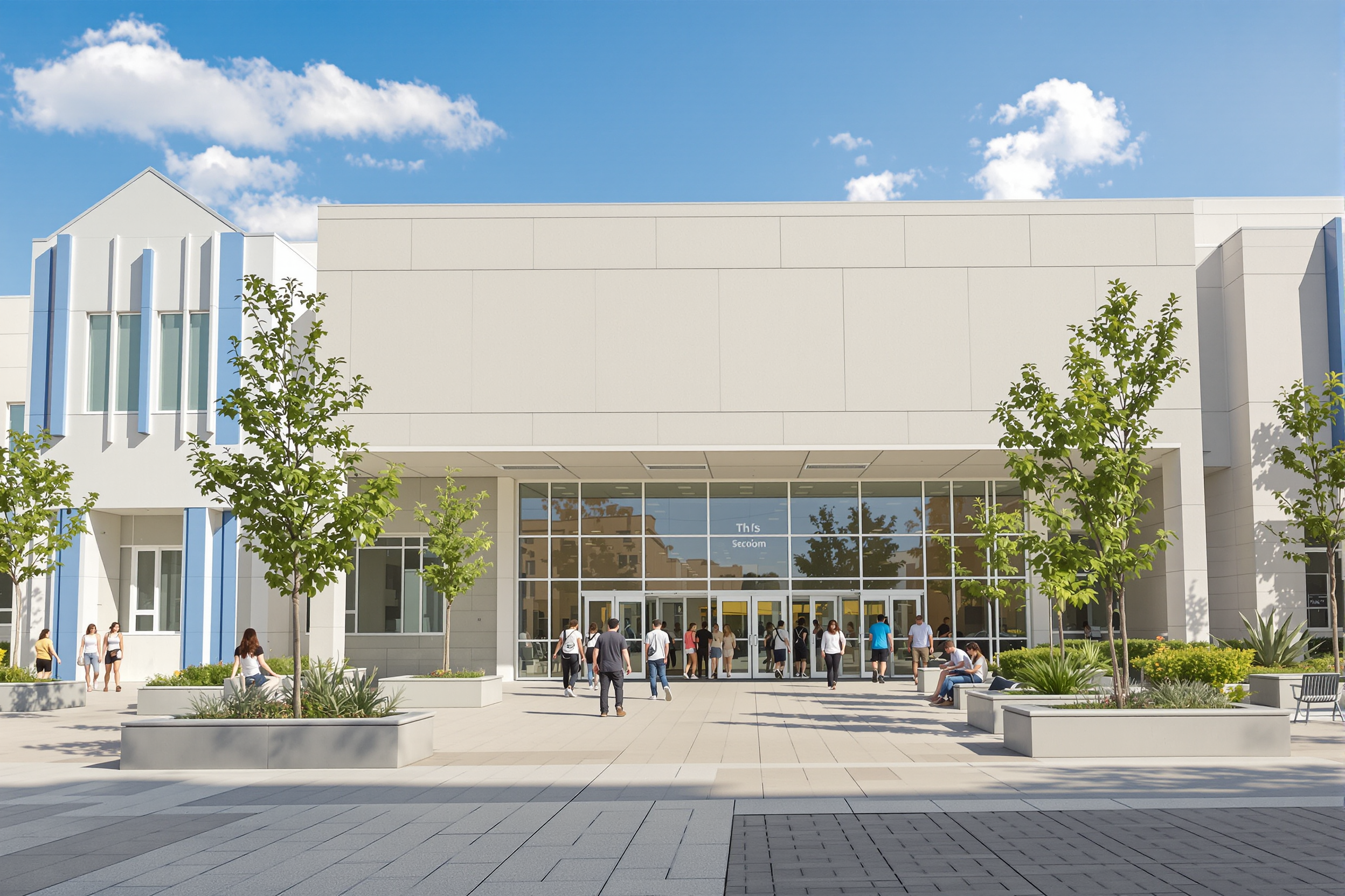 A modern school building with a wide, tree-lined open plaza at the entrance