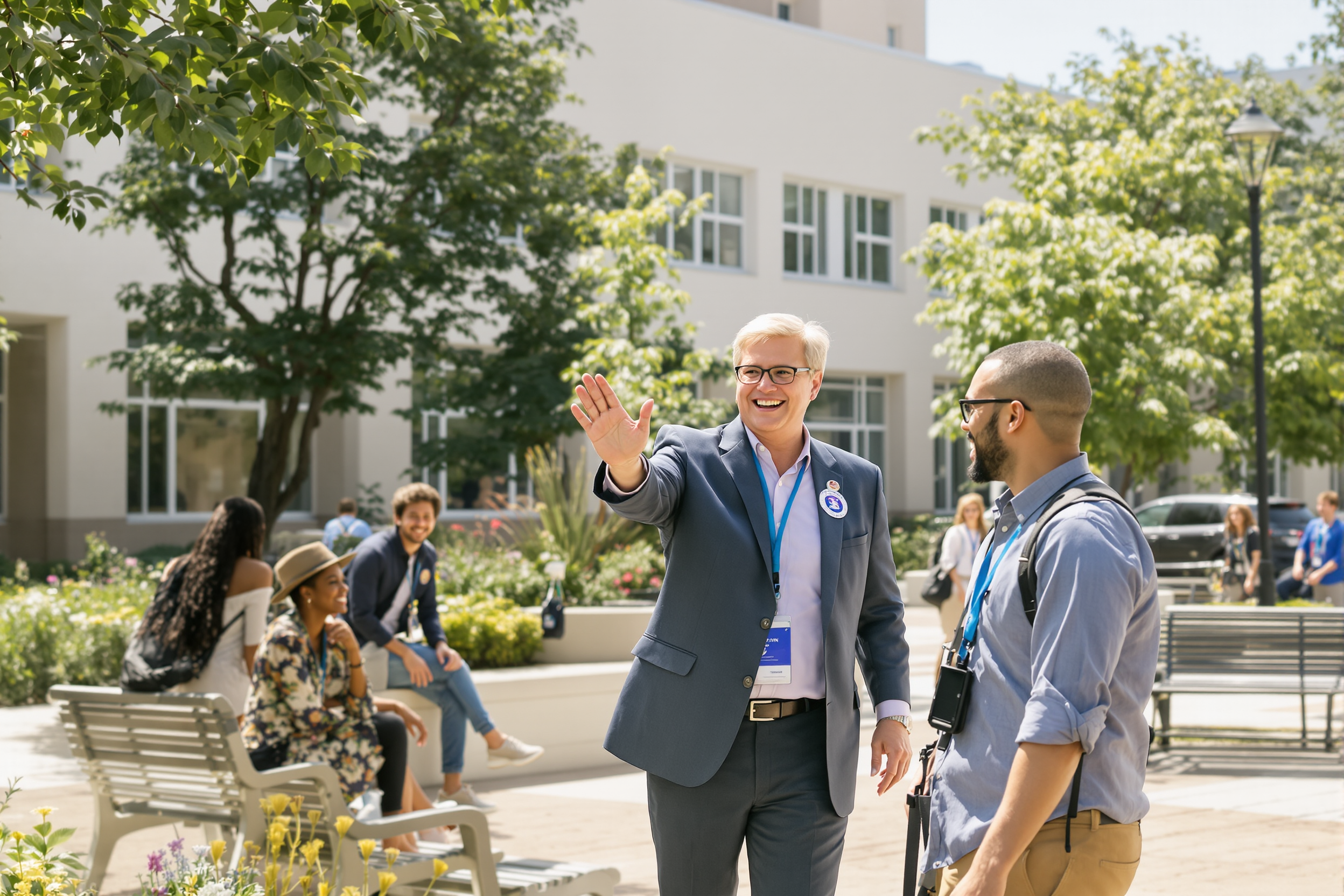 A school leader waving hello to students and families in a sunny courtyard