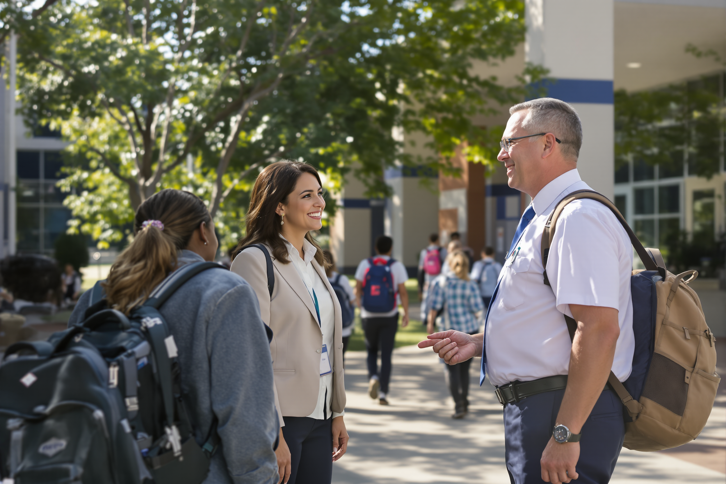 School staff and a community partner talking with students outside a school