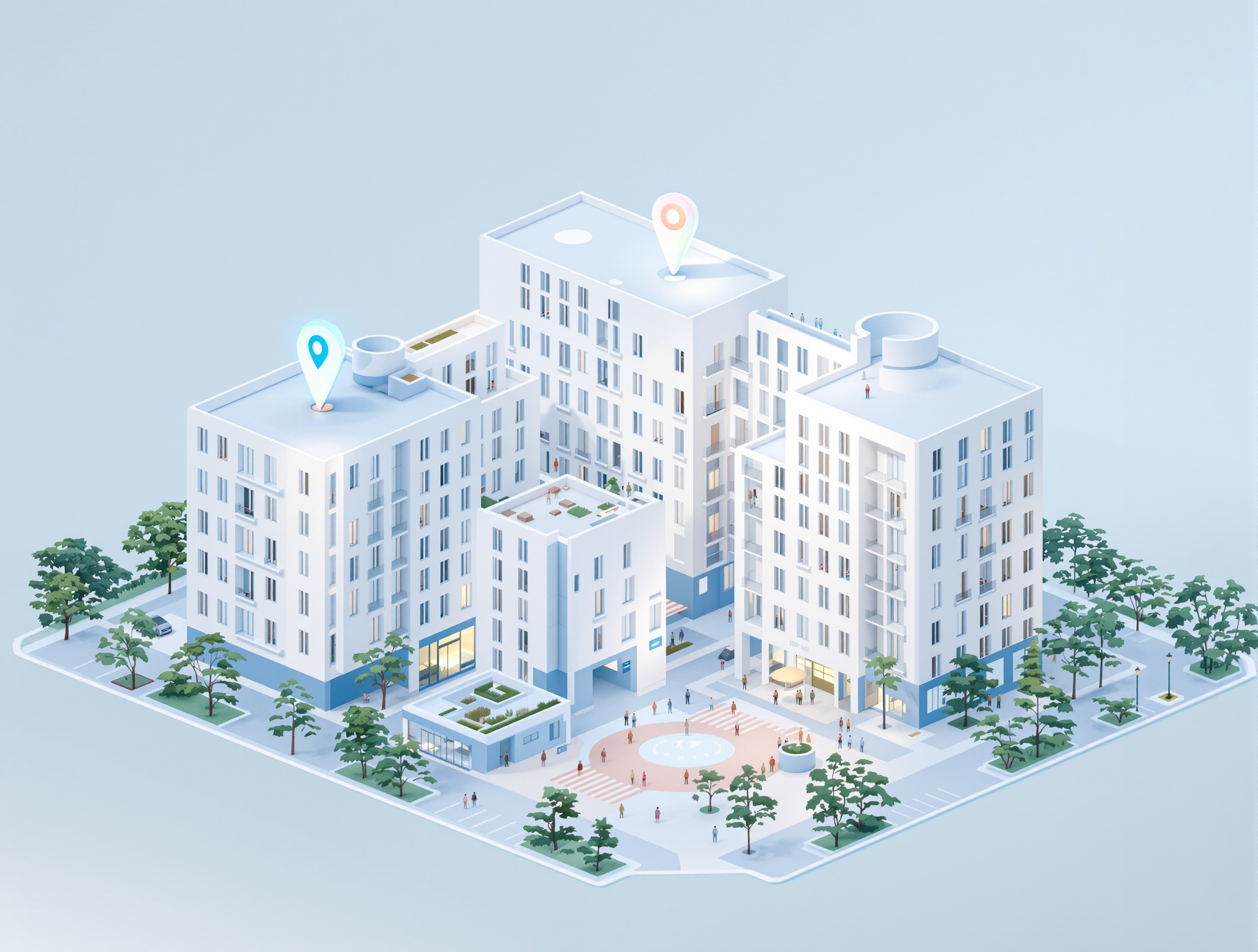 A 3D model of a campus building in the VOLT app, with location pins marking where alerts are