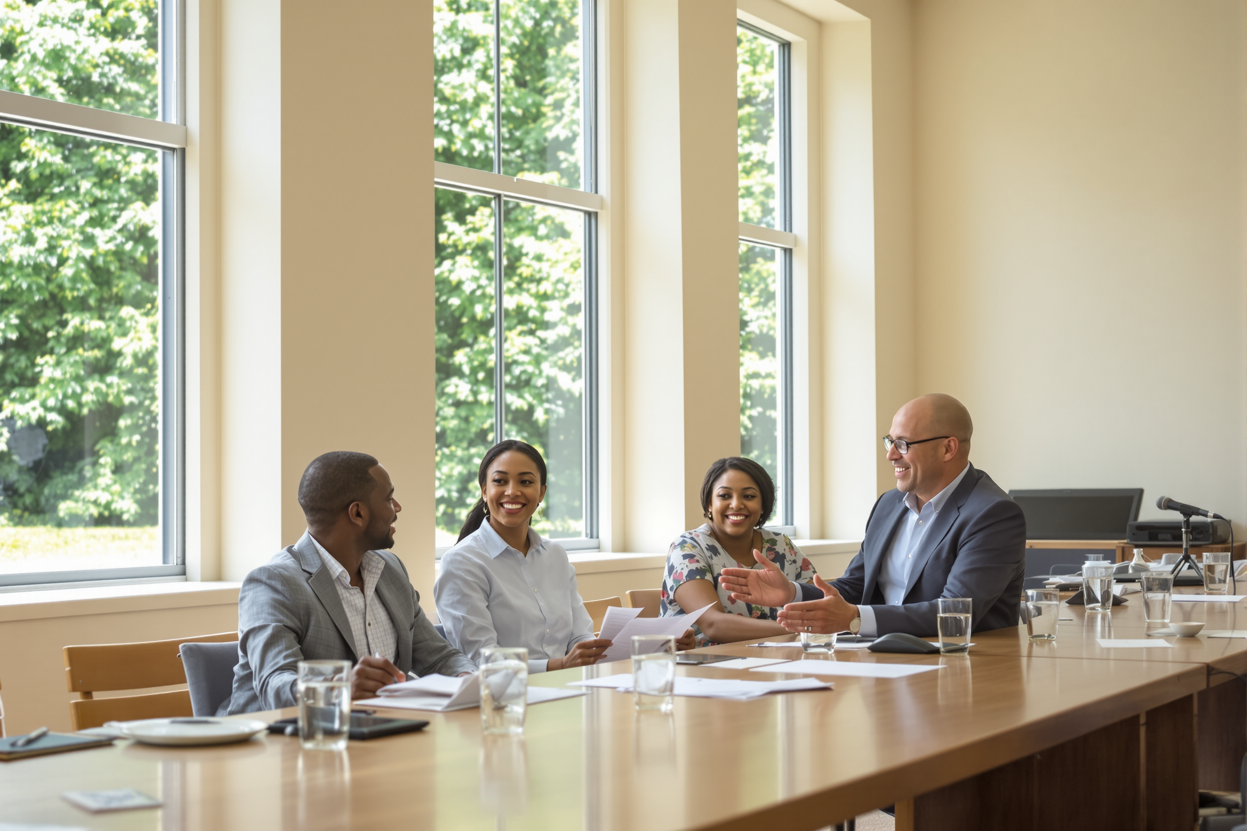 School leaders meeting around a long table in a sunlit room