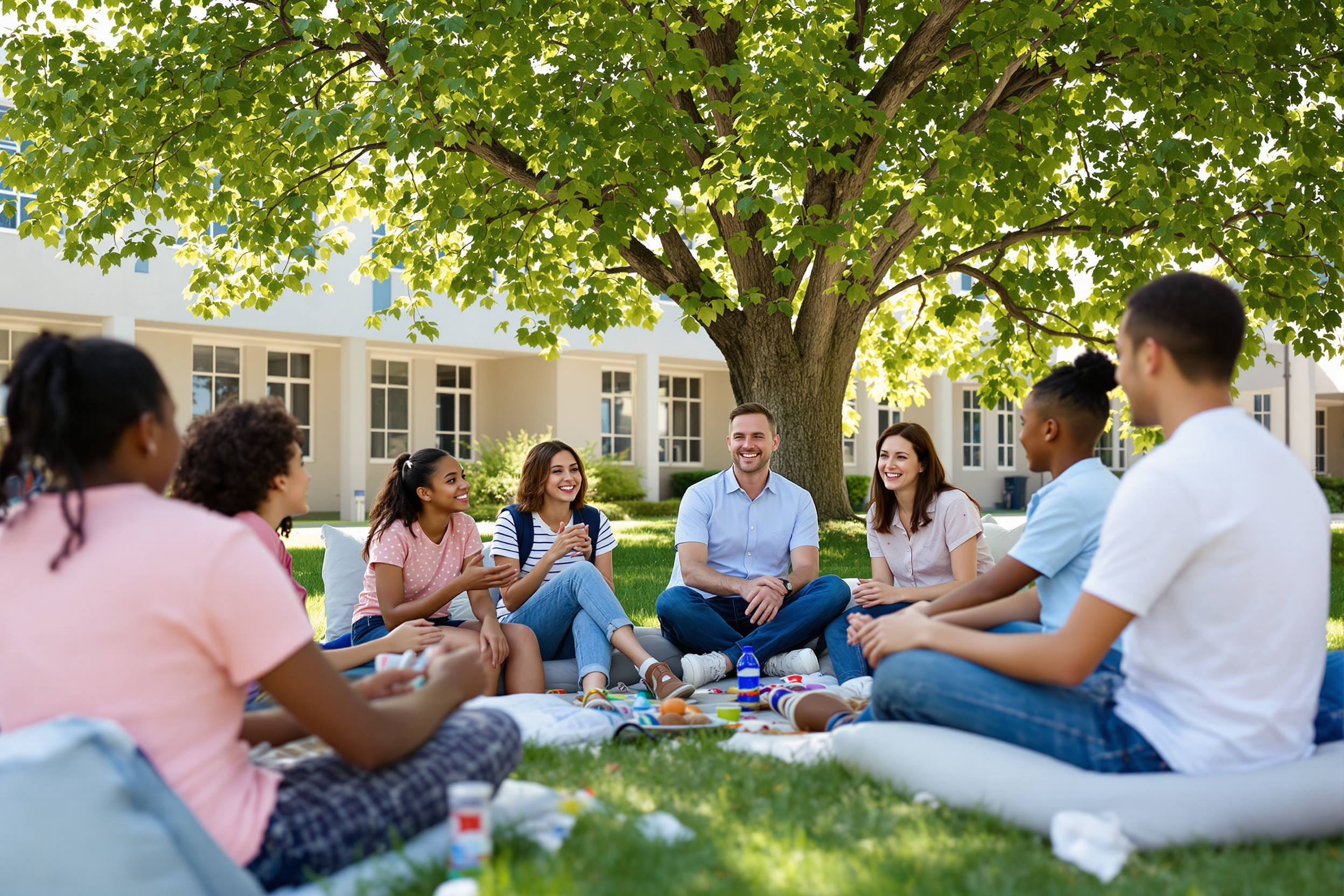 Students, families and teachers sitting together on a shady school lawn