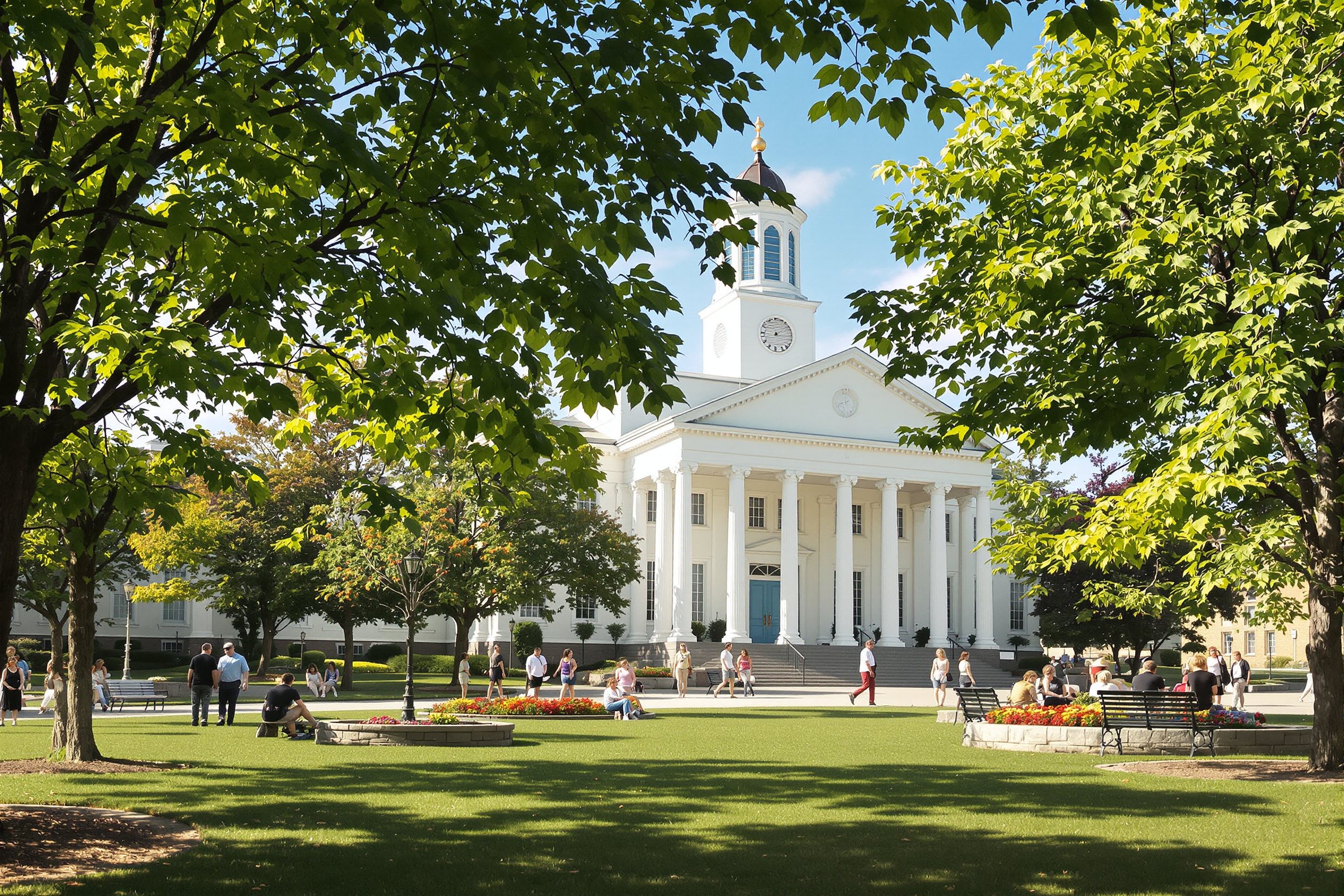 A historic county courthouse on a sunny day, framed by green trees